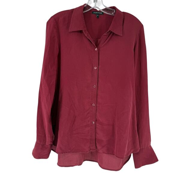 Eileen Fisher Top Silk Long Sleeve Button Up XS Burgundy Red Collared Relaxed - Picture 1 of 11